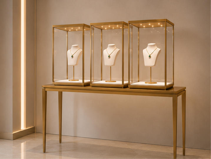Triple Gold Tower Jewelry Display Console | 3 Showcase Set 7 Triple gold tower jewelry display console different angle view